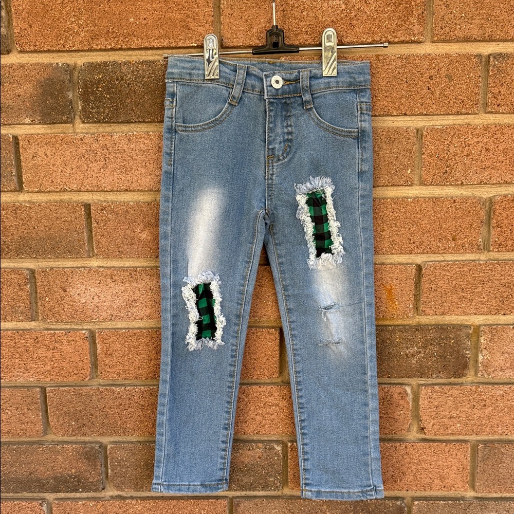Stylish Blue Jeans with Green Plaid Patchwork Child Size Large
